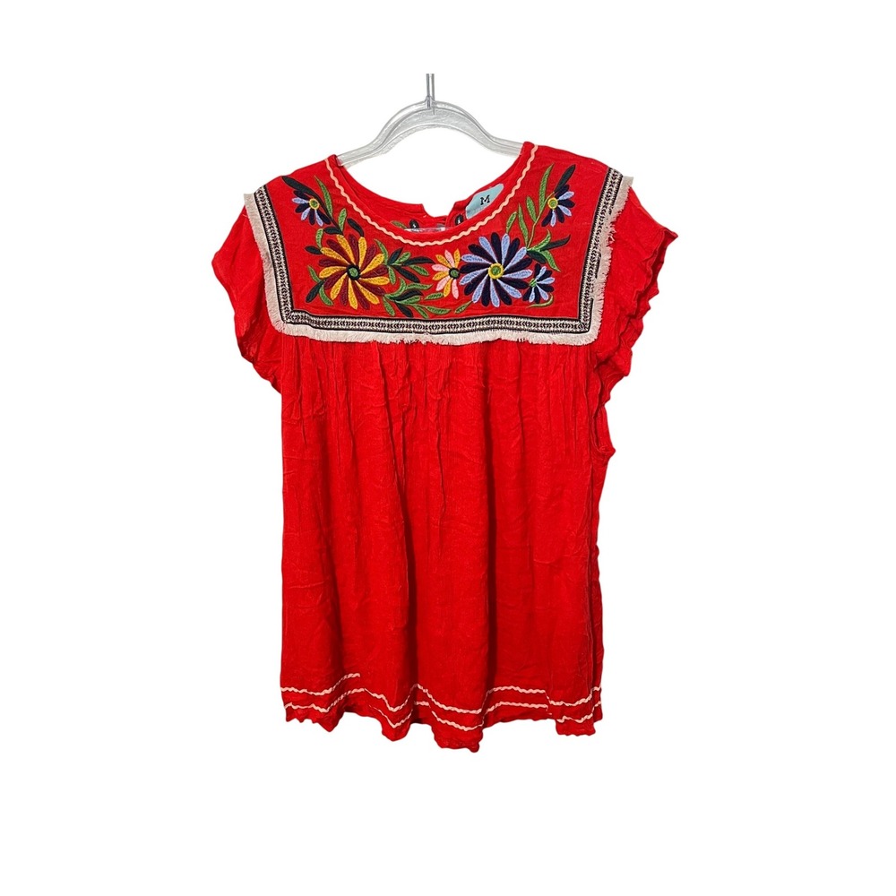 South Main Embroidered Peasant Top Womens 1XL Red Floral Boho Fringe Blouse